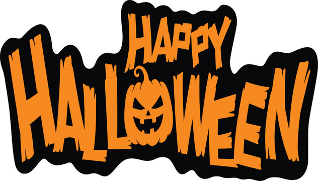 Spooky Happy Halloween Vector Illustration with Hand-Drawn Orange Text and a Scary Jack O Lantern Pumpkin Icon, Perfect for Holiday Party Invitations, Posters, and Festive Social Media.