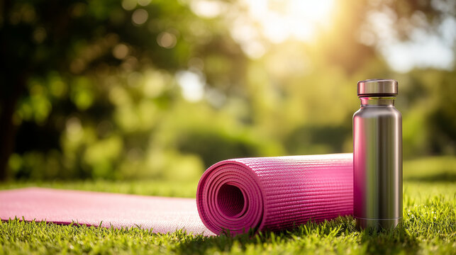 Reusable stainless steel water bottle beside a pink yoga mat on green grass in a sunny park. Outdoor fitness, hydration, healthy lifestyle, yoga practice and wellness concept.
