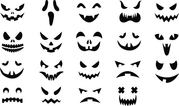 Spooky Halloween Face Collection: Vector Set of 19 Creepy Pumpkin Carving Stencils and Scary Monster Expressions for Jack-o-Lanterns, Party Decorations, and Graphic Design Projects