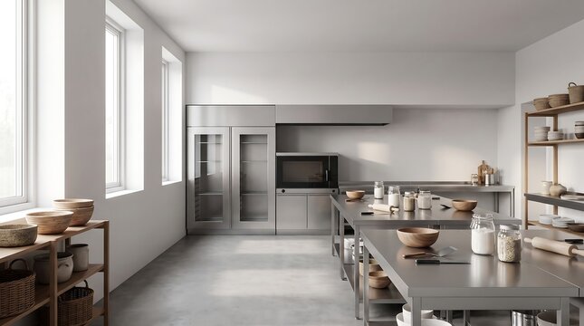 Minimalist modern professional kitchen with stainless steel island tables and glass door refrigerators in bright white room with large windows and wooden bowls.