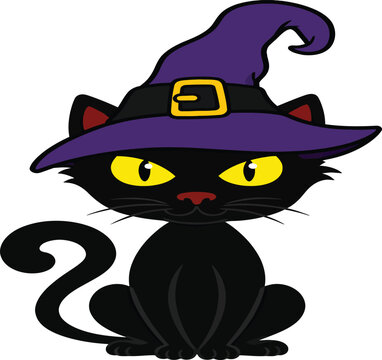 Cute Halloween Black Cat Vector Illustration Wearing Purple Witch Hat with Yellow Buckle, Spooky Feline Character for Holiday Design, Sticker, Party Invitation and Greeting Cards