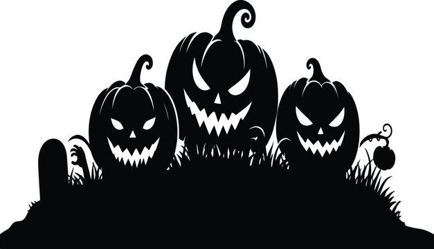 Spooky Halloween Pumpkin Silhouettes Jack O'Lanterns in Graveyard with Zombie Hand and Tombstone Vector Illustration for Creepy Holiday Party Decor and Festive Graphic Design Projects.