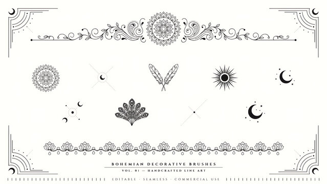 Bohemian decorative brushes with celestial symbols and floral borders isolated on a transparent background
