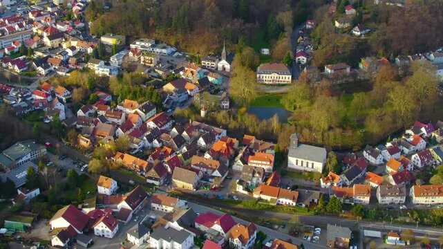 Aerial view of the old town of the city  Birkenau in Hesse, in Germany, on a sunny day in autumn