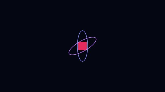 Minimalist atom animation with rotating orbital rings on dark 4k background, science physics chemistry