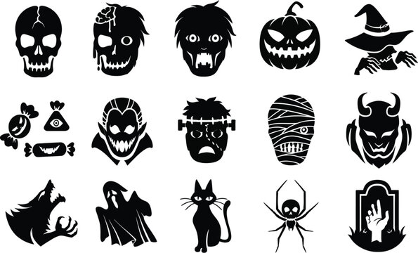 Halloween Vector Icon Set featuring Spooky Monsters, Skull, Zombie, Vampire, Witch, Ghost, Mummy, Werewolf, and Pumpkin Silhouettes for Scary Party Decorations and Design Projects.