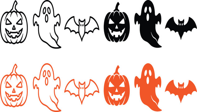 Set of Halloween Icons featuring Pumpkin, Ghost, and Bat in Black and Orange Outline and Silhouette Styles. Perfect for Spooky Holiday Party Designs, Posters, and Festive Digital Art Assets