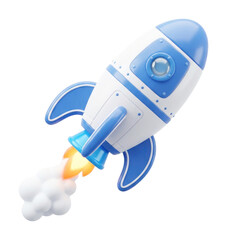 Blue and White 3D Rocket Ship. Spaceship Launching with Fire and Smoke Exhaust. Glossy Toy Style Icon for Startup Concepts. © Beni