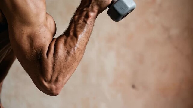 Slow motion tracking shot of muscular arm curling dumbbell indoors against textured studio wall, showcasing biceps contraction, grip, sweat and focused training intensity