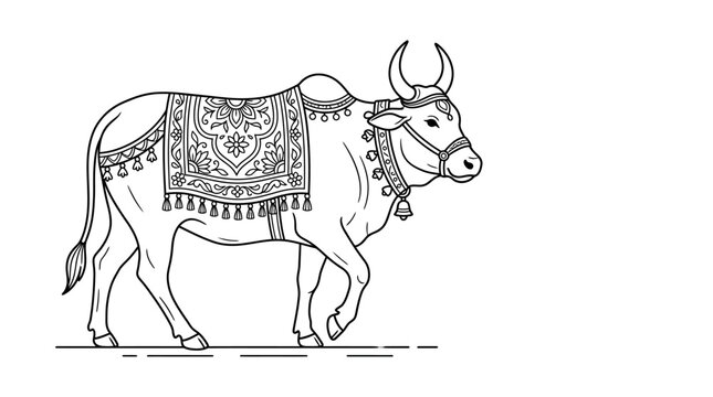 Decorative Indian Zebu Cow Line Art Illustration