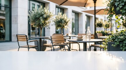 Fototapeta premium Outdoor Café Terrace with Tables and Umbrellas for Lifestyle Design