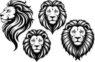 Obraz premium Aggressive Lion Head Collection with Roaring Expressions, Detailed Black and White Wildlife Vector Illustration