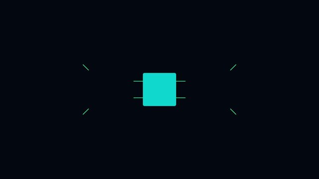 Minimalist cyan square loading animation with digital hud on dark 4k background