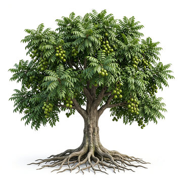 Mamoncillo tree, mature full tree bearing clusters of green Spanish lime fruits, exposed visible roots, 11 ratio, isolated on seamless pure white background, centered composition