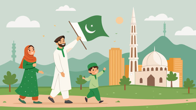 Family walking together near mosque representing pakistan independence day celebration with pakistan independence celebration national patriotism tradition together landscape identity