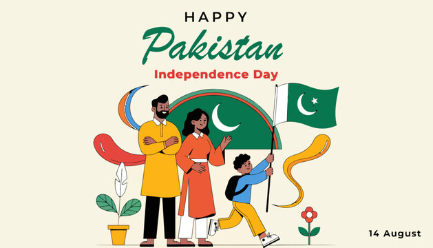 Happy pakistan independence day illustration with family celebrating 14 august pakistan independence celebration patriotic national pakistani tradition crescent illustration patriotism