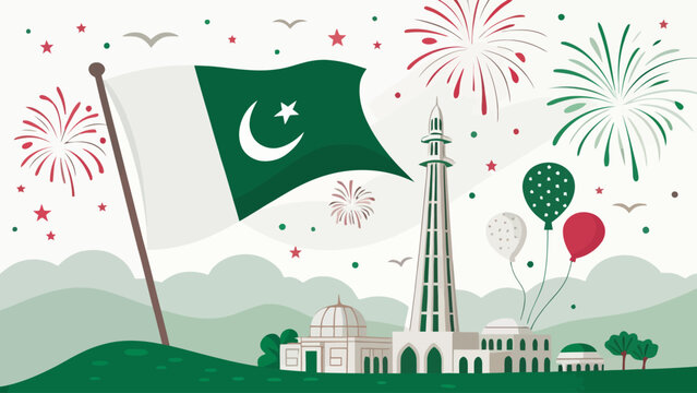 Pakistan independence day celebration with minaret and fireworks display pakistan independence fireworks celebration national patriotism architecture pakistani heritage landmark celebrate
