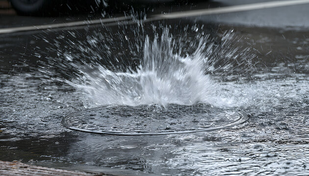 Water surges from a spilling sewer manhole lid on a city street, exacerbated by heavy rainfall, leading to urban flooding that submerges infrastructure and induces hazardous situations.