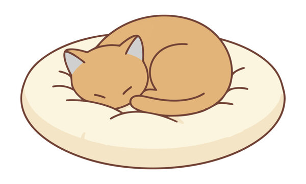 Minimalist drawing of a tiny kitten sleeping curled up on a soft circular cushion isolated on a white background, cozy pet lifestyle concept