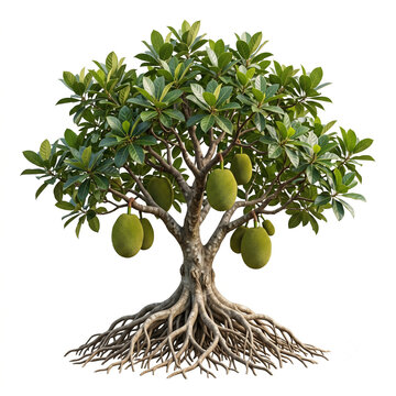 Marang tree, mature fruiting tree bearing large spiny green marang fruits, exposed visible roots, 11 ratio, isolated on seamless pure white background, centered composition