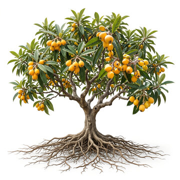Algerie Loquat tree, mature full tree bearing bright yellow-orange Algerie loquats, exposed visible roots, 11 ratio, isolated on seamless pure white background