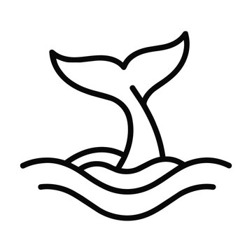 Minimalist black and white line art of a graceful dolphin tail emerging from stylized ocean wave ripples, isolated on white background, marine life concept
