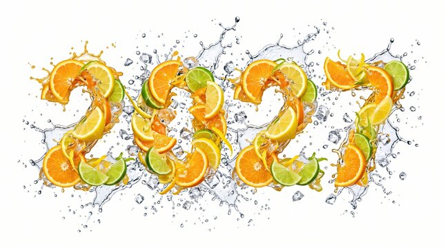 Creative 2027 typography with exploding citrus fruit and water splashes for vibrant summer poster design