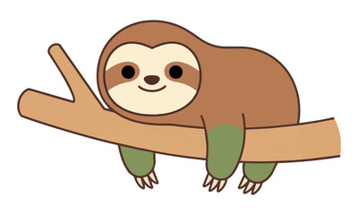 Fototapeta premium A cute, stylized sloth character with rounded shapes hanging from a minimalist tree branch, featuring earthy colors on a white background. Whimsical nature concept