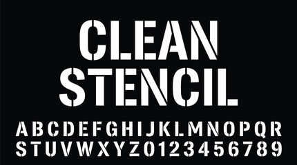 Obraz premium Clean stencil font alphabet numbers bold typography design artwork, lettering motif concept, signage illustration,