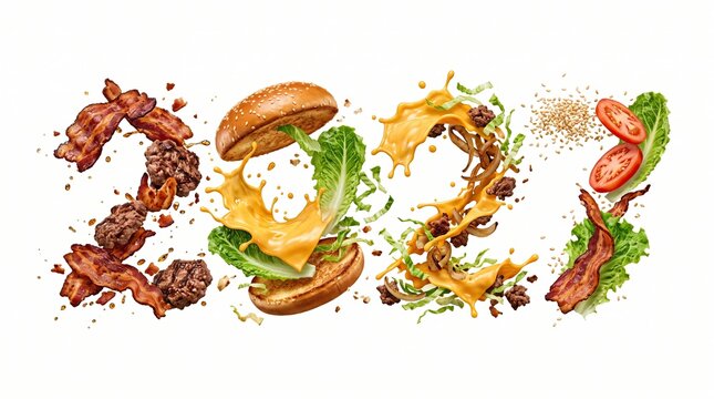 Exploding burger ingredients forming "2027" for dynamic food art and creative design projects