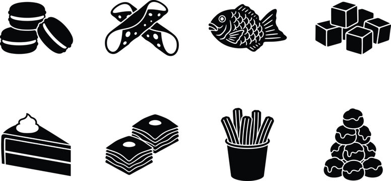 Sweet Food Silhouette Collection with Desserts Snacks Candy and Bakery Icons for Menu Design