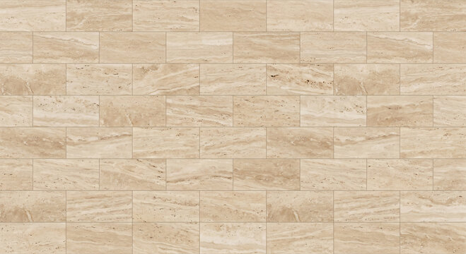 Beige travertine limestone rectangular wall tiles arranged in an offset brick bond pattern