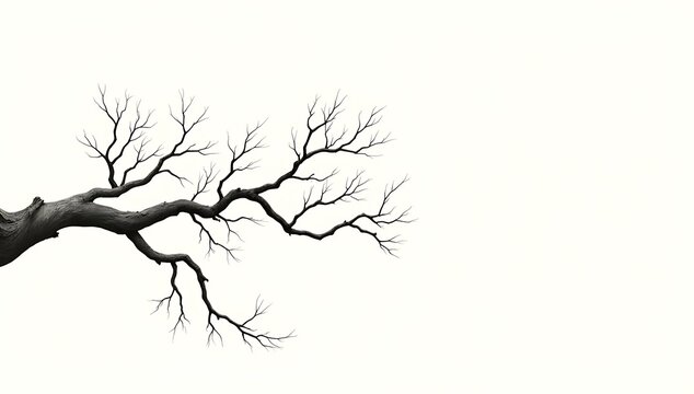 Bare tree branch reaching out against a white background, winter or fall season