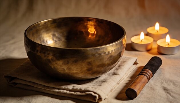 Wide close up of a hand hammered bronze singing bowl and wooden mallet on linen cloth with three candles glowing softly in the background, sound healing concept photography