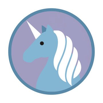 Simple stylized unicorn head icon in profile view, contained within a circle, flat design with solid colors isolated on white. Magical fantasy icon