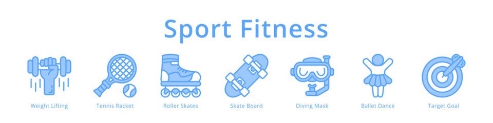 Sport fitness icons featuring weight lifting, tennis, roller skates, skateboard and ballet for active lifestyle design. © Syarifah_Funny
