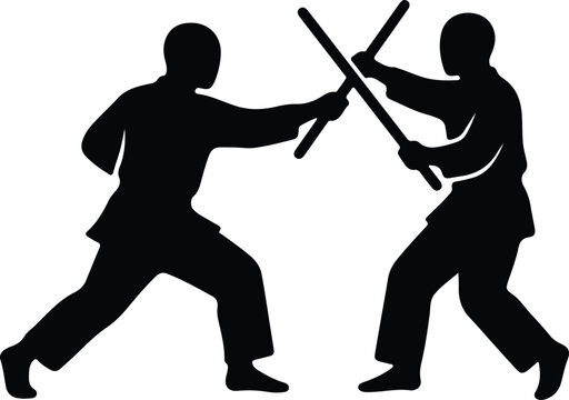Silhouette vector of two fighters practicing martial arts with sticks design