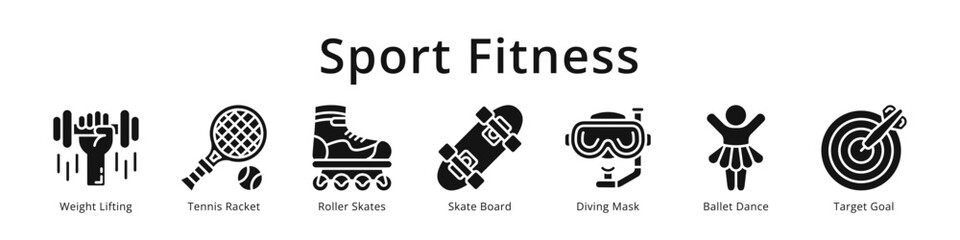 Sport fitness icons featuring weight lifting, tennis, roller skates, skateboard and ballet for active lifestyle design. © Syarifah_Funny