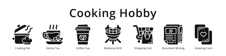 Cooking hobby icons featuring pot, herbal tea, coffee, barbecue grill and shopping cart for culinary design. © Syarifah_Funny