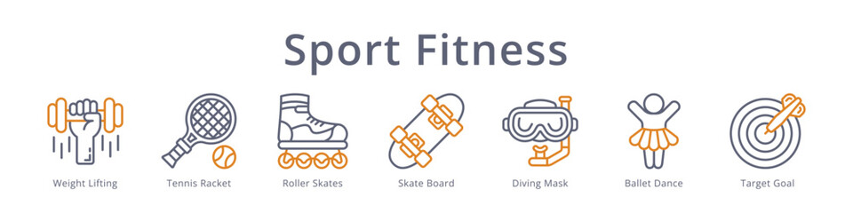 Sport fitness icons featuring weight lifting, tennis, roller skates, skateboard and ballet for active lifestyle design. © Syarifah_Funny