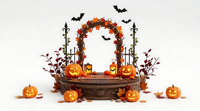 3D Halloween Podium Display Stage with Arch Leaves Jack O Lantern Pumpkins Lanterns and Bats Isolated on White Background for Product Placement