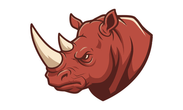 Rhinoceros head mascot profile with a determined expression and large horn using bold flat color blocks in rust and cream tones. Strong branding concept