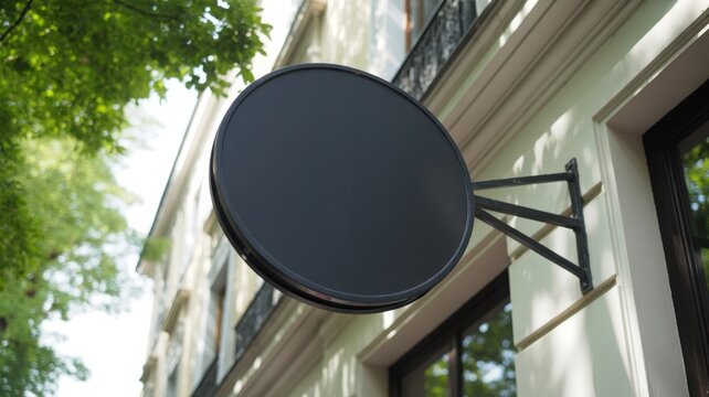 Round black outdoor shop sign mockup hanging from a metal bracket