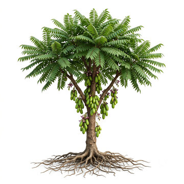 Bilimbi tree, mature full tree bearing clusters of long green bilimbi fruits directly on the trunk, exposed visible roots, 11 ratio, isolated on seamless pure white background,
