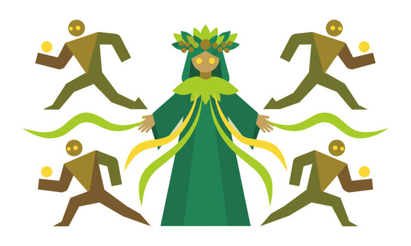 Druid character wearing a leaf crown casting magic with woodland spirits on a white background, fantasy role playing game concept