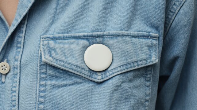 White blank pin badge mockup on a blue denim shirt pocket