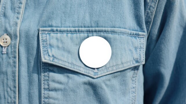 Blank white round button badge mockup on blue denim pocket