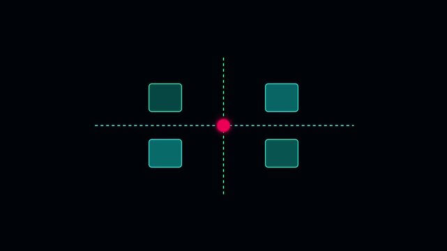 Minimalist hud interface with pulsing center point and four dynamic data boxes for digital technology and data visualization animation 4k