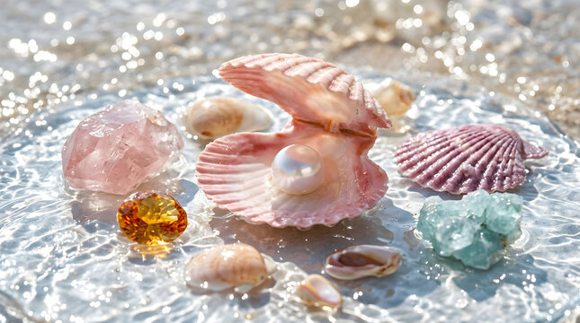 Lustrous white pearl in open pink seashell, sparkling gemstones and crystals on water surface, elegant marine jewelry concept with bokeh background