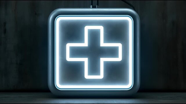Neon medical cross sign glows blue inside a square frame against a dark background, with a seamless looped light effect.